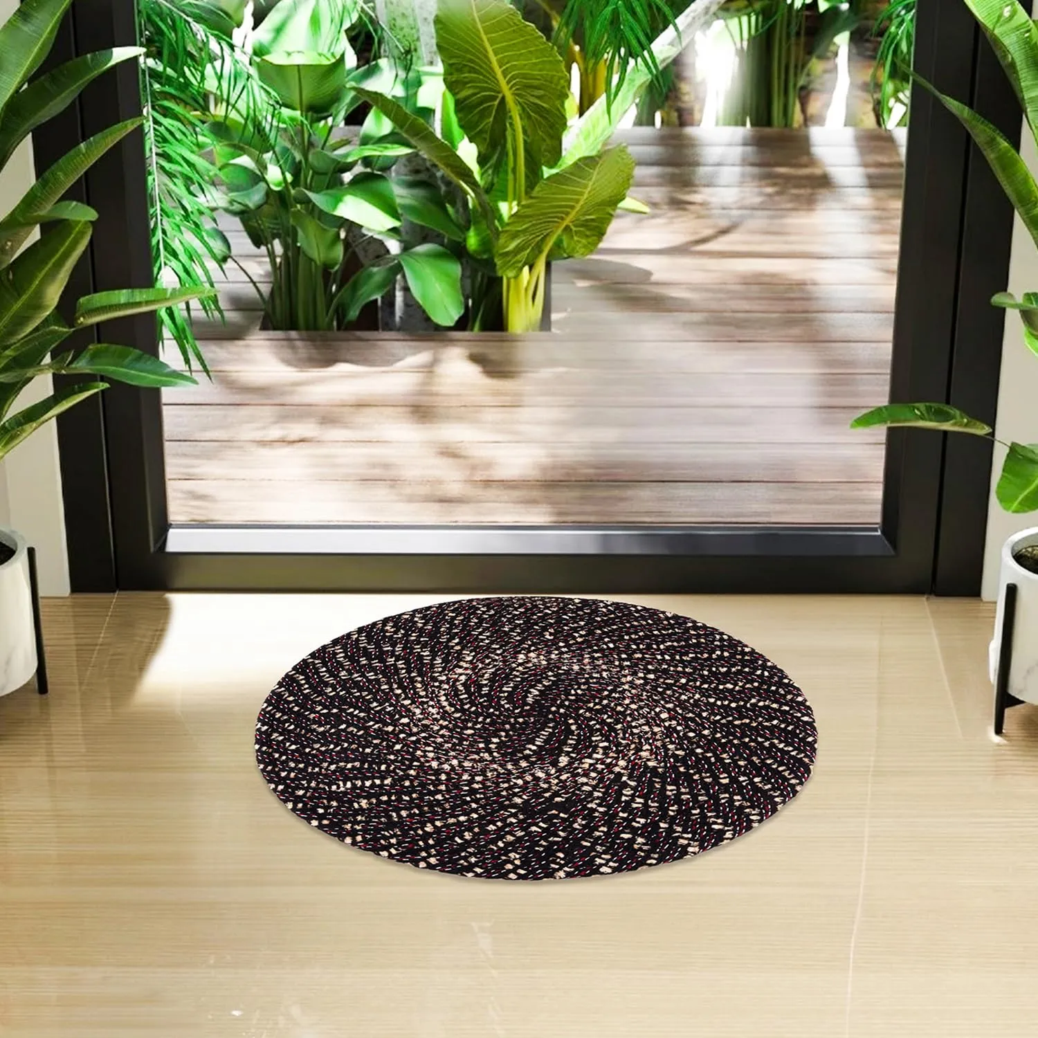 Kuber Industries Door Mat | Round Shape Feather Door Mat | Cotton Reversible Mat | Door Mat for Kitchen | Door Mat for Home | 16 Inch | Small | Pack of 3 | Brown