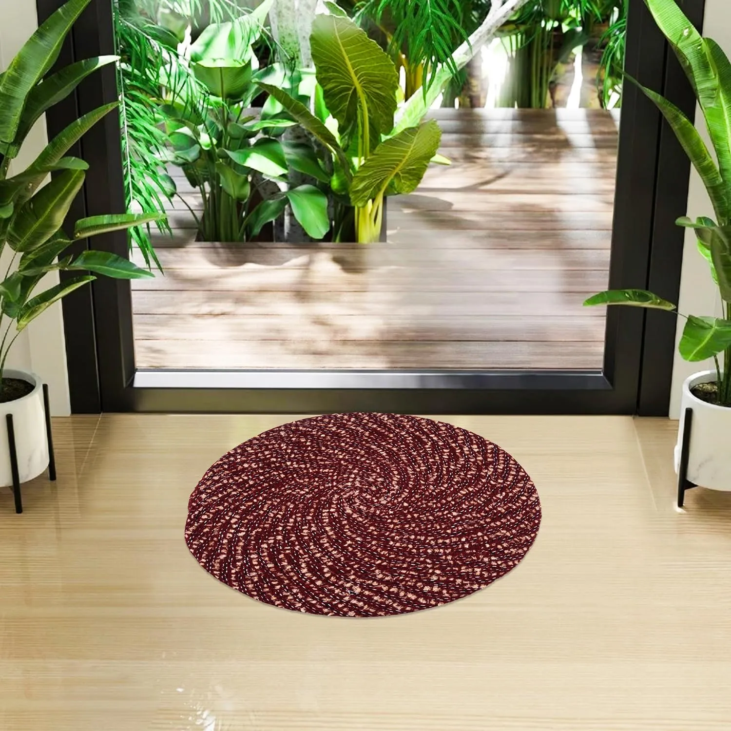 Kuber Industries Door Mat | Round Shape Feather Door Mat | Cotton Reversible Mat | Door Mat for Kitchen | Door Mat for Home | 16 Inch | Small | Pack of 3 | Maroon