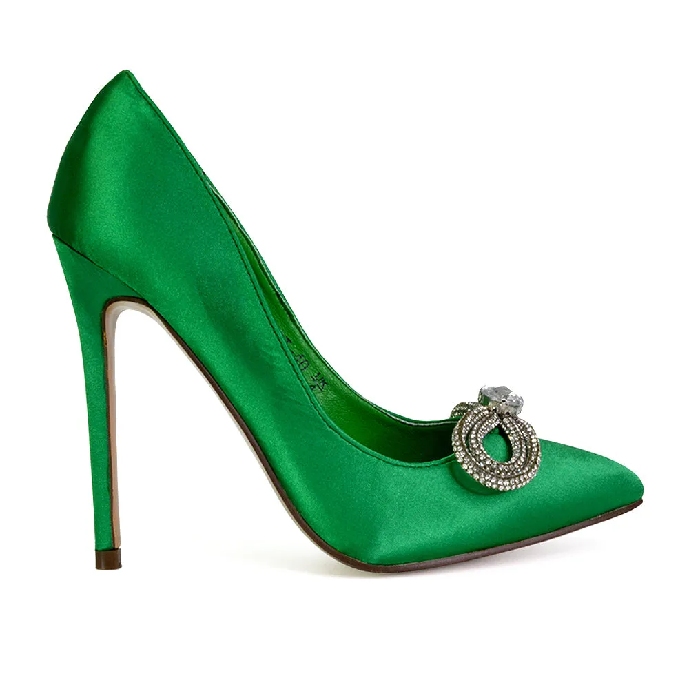 Lane Diamante Bow Pointed Toe Court Shoes Stiletto Bridal Shoes in Green