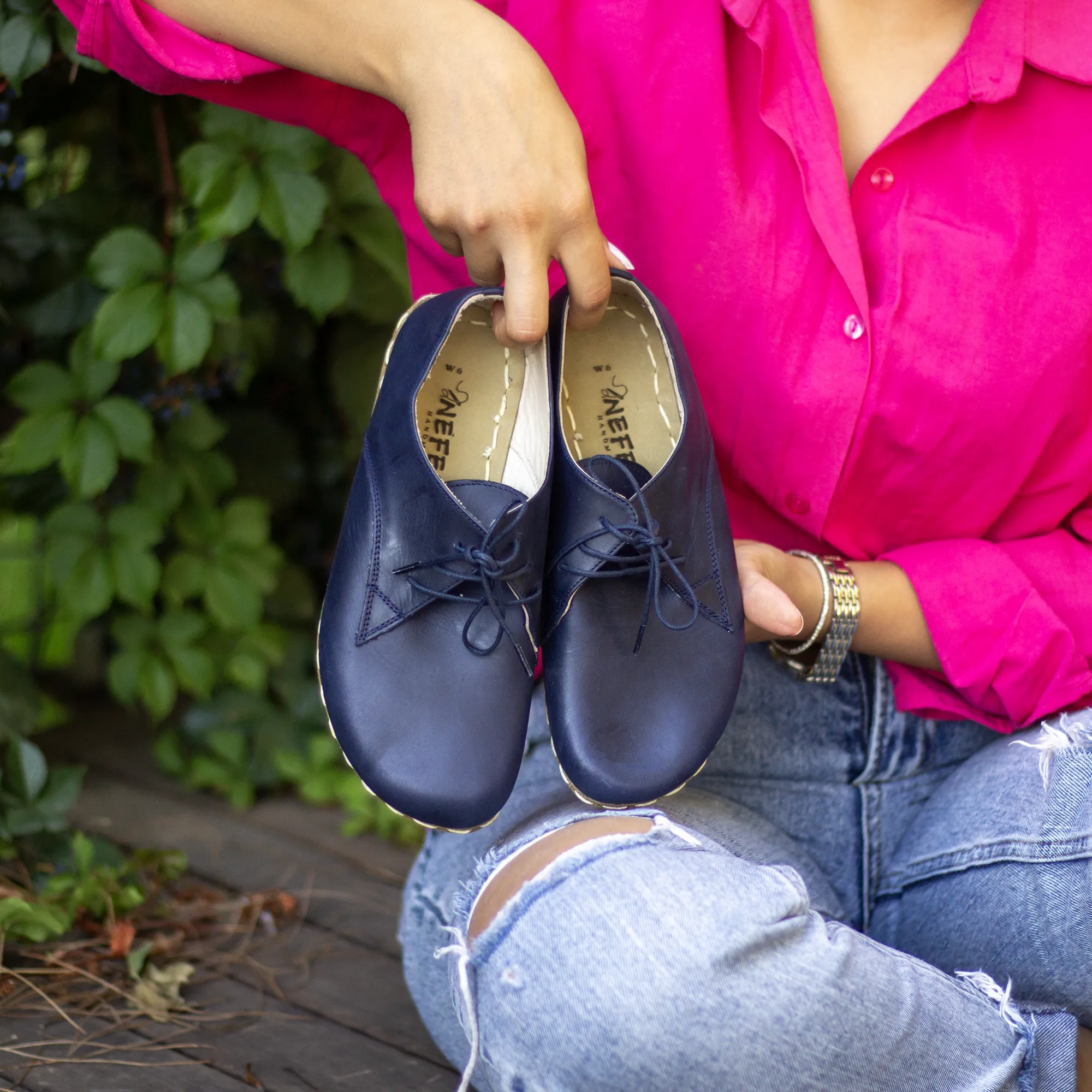 Leather Grounding Shoes For Women, Navy Blue