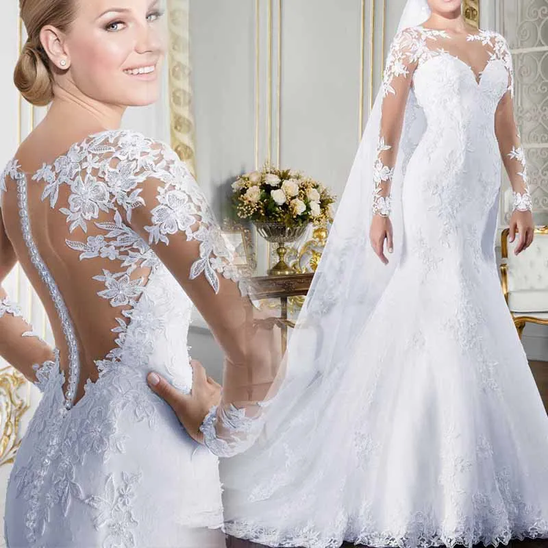 Long Sleeve Lace Mermaid Wedding Dress Vintage Palace Bridal Dress