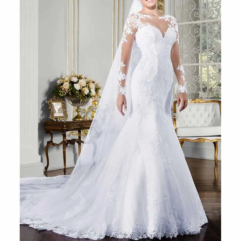 Long Sleeve Lace Mermaid Wedding Dress Vintage Palace Bridal Dress