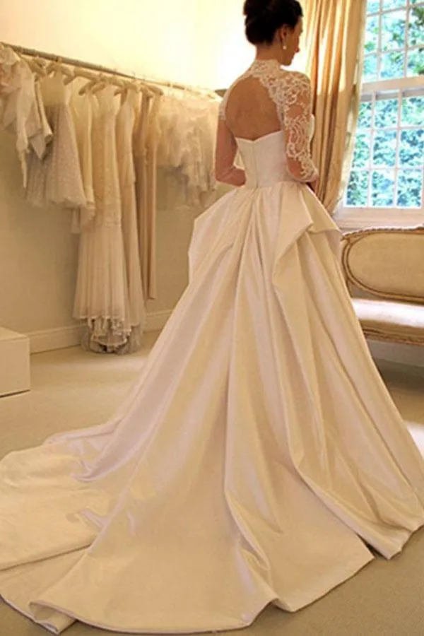 Long Sleeves High Neck Lace Court Train Satin Wedding Dress WD159