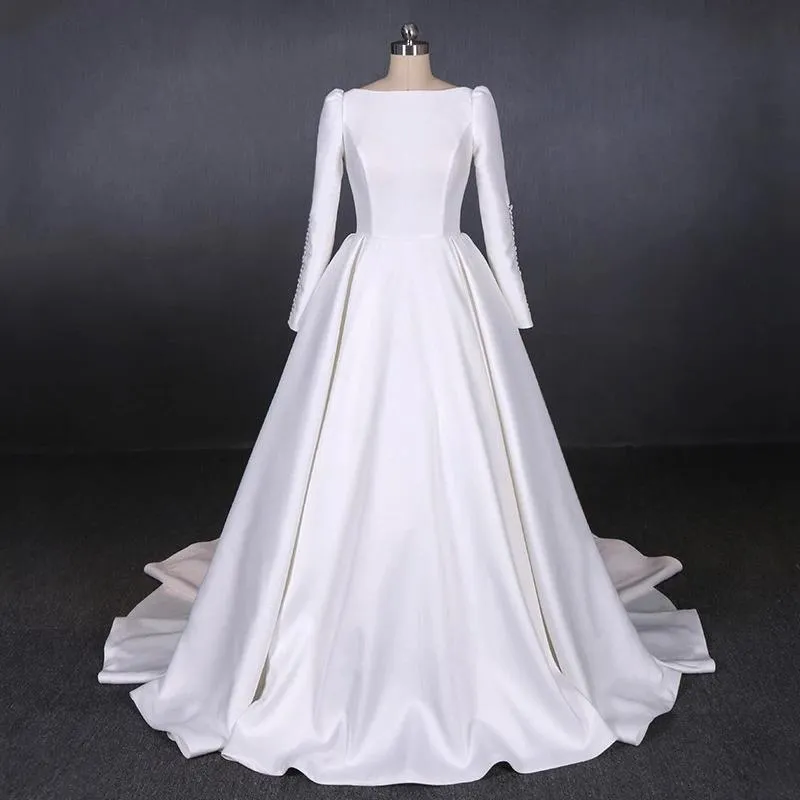 Long Sleeves Satin White Wedding Dress, Simple Backless Bridal Dresses UQ2301