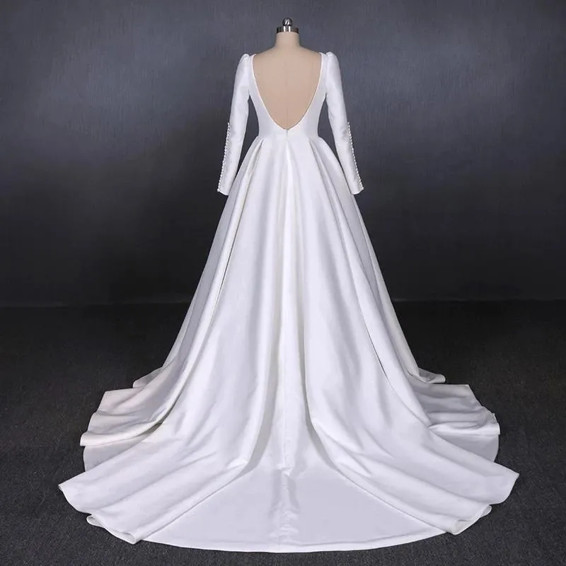 Long Sleeves Satin White Wedding Dress, Simple Backless Bridal Dresses UQ2301