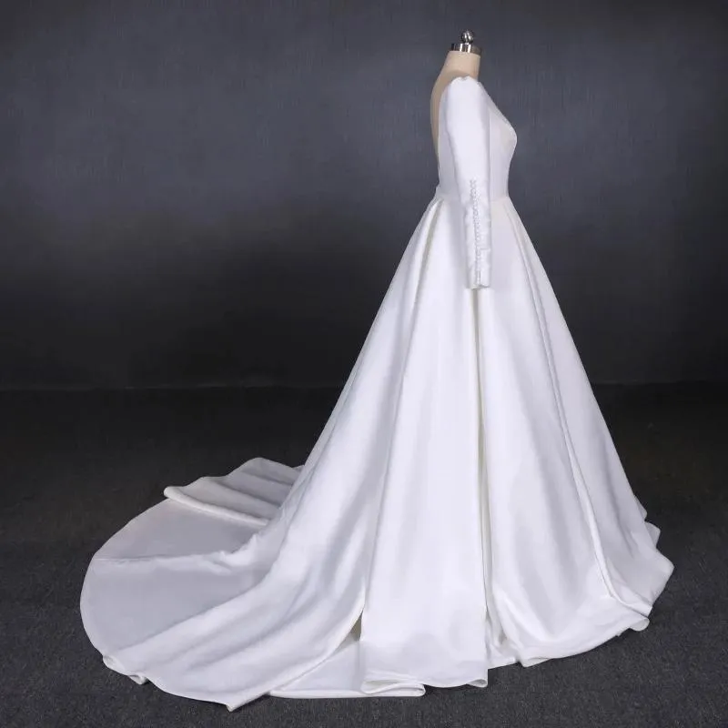 Long Sleeves Satin White Wedding Dress, Simple Backless Bridal Dresses UQ2301