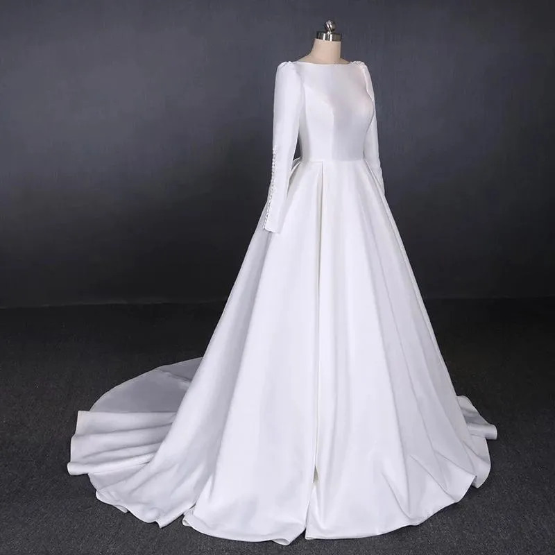 Long Sleeves Satin White Wedding Dress, Simple Backless Bridal Dresses UQ2301