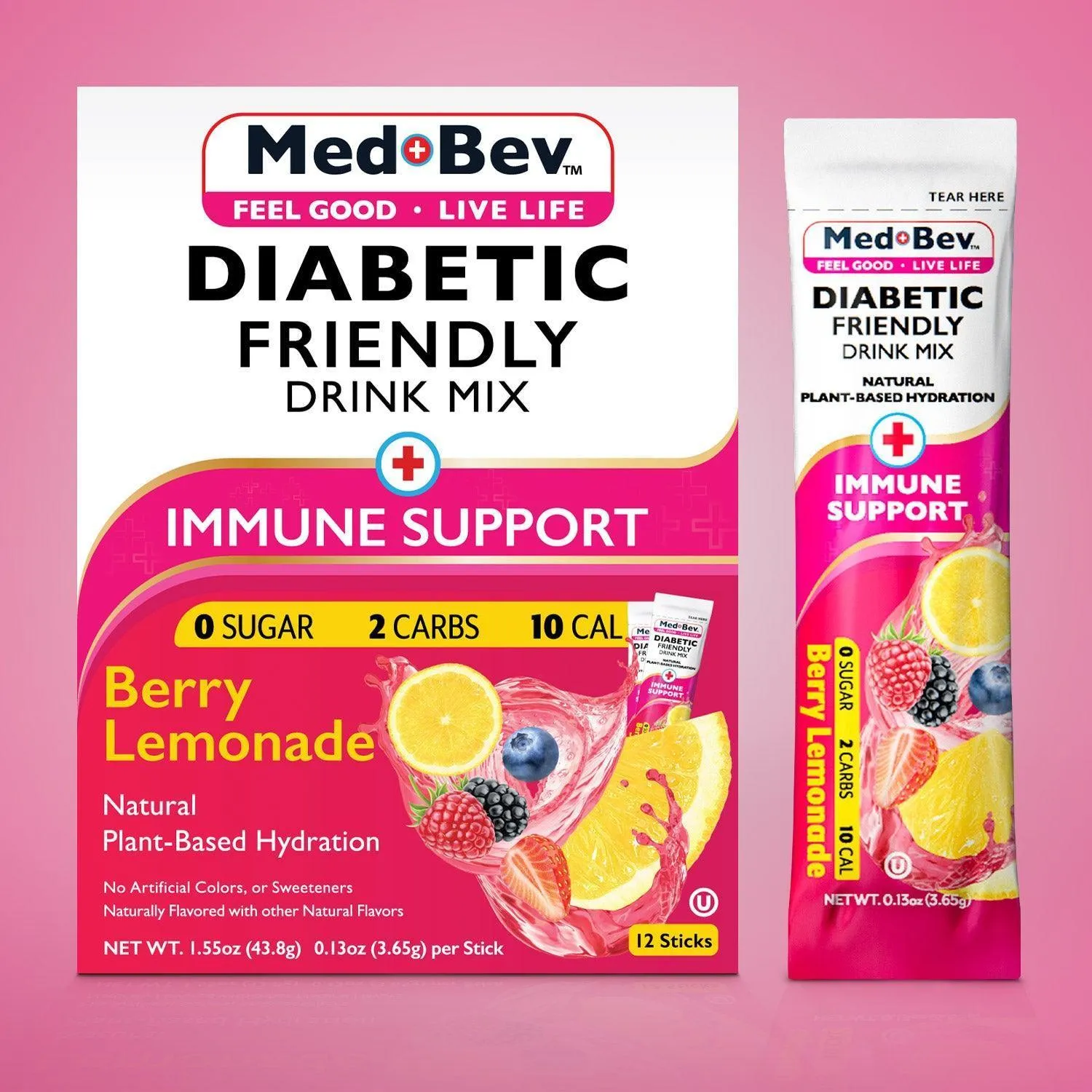 Med-Bev Berry Lemonade Singles to Go – Natural & Sugar-Free Drink Mix