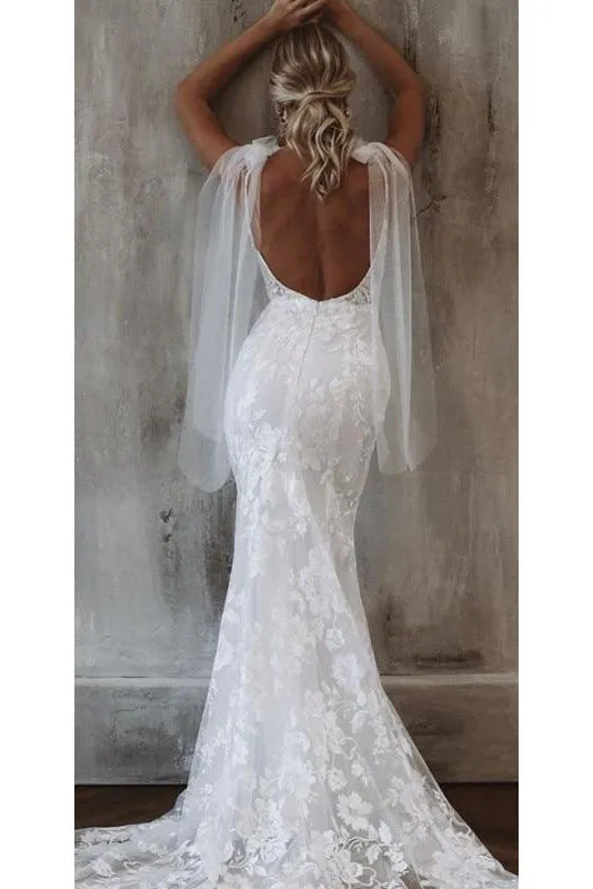 Mermaid Deep V Neck Lace Wedding Dress, New Style Long Bridal Gown UQW0078