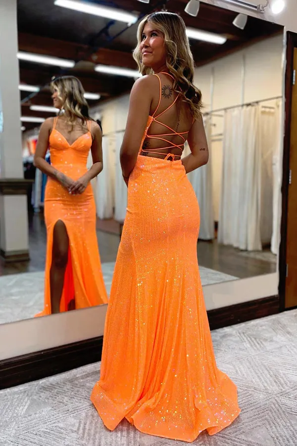 Mermaid Spaghetti Straps Lace Up Tight Prom Dress With Split  PSK442