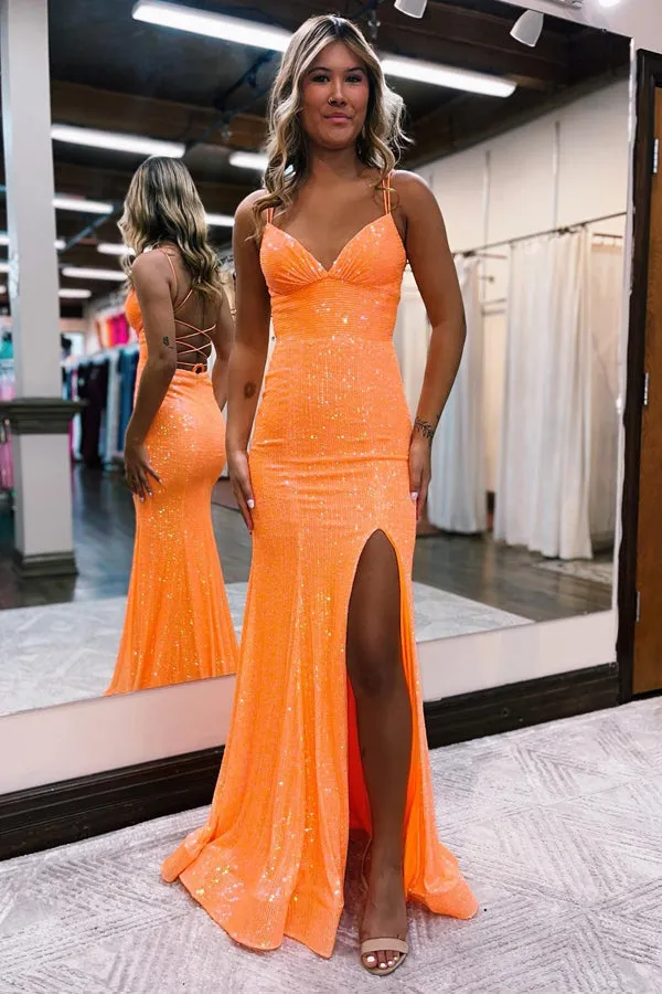 Mermaid Spaghetti Straps Lace Up Tight Prom Dress With Split  PSK442