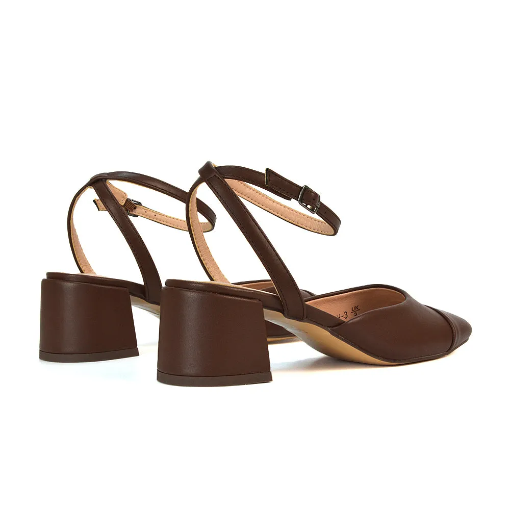 Natasha Ankle Strap Mid Block Heel Square Toe Court Shoes in Brown Synthetic Leather