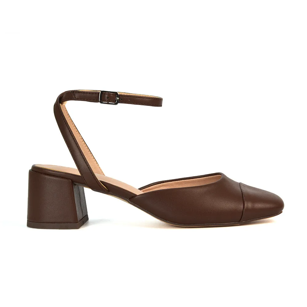 Natasha Ankle Strap Mid Block Heel Square Toe Court Shoes in Brown Synthetic Leather