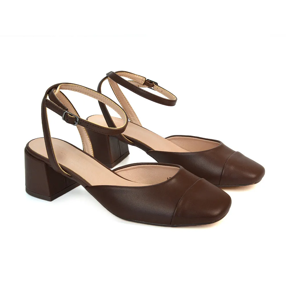 Natasha Ankle Strap Mid Block Heel Square Toe Court Shoes in Brown Synthetic Leather