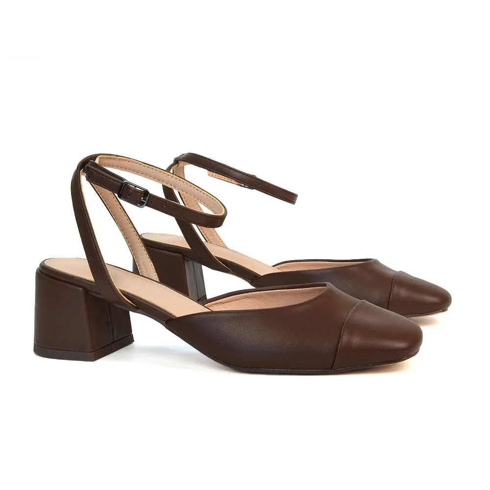 Natasha Ankle Strap Mid Block Heel Square Toe Court Shoes in Brown Synthetic Leather