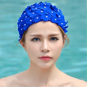 Pearl Three-dimensional Handmade Flower Swimming Cap for Women(Royal Blue)