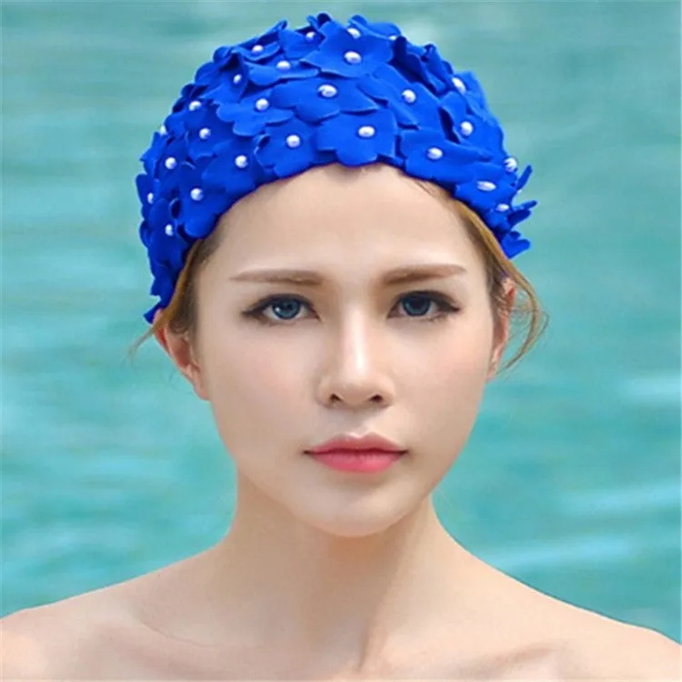 Pearl Three-dimensional Handmade Flower Swimming Cap for Women(Royal Blue)