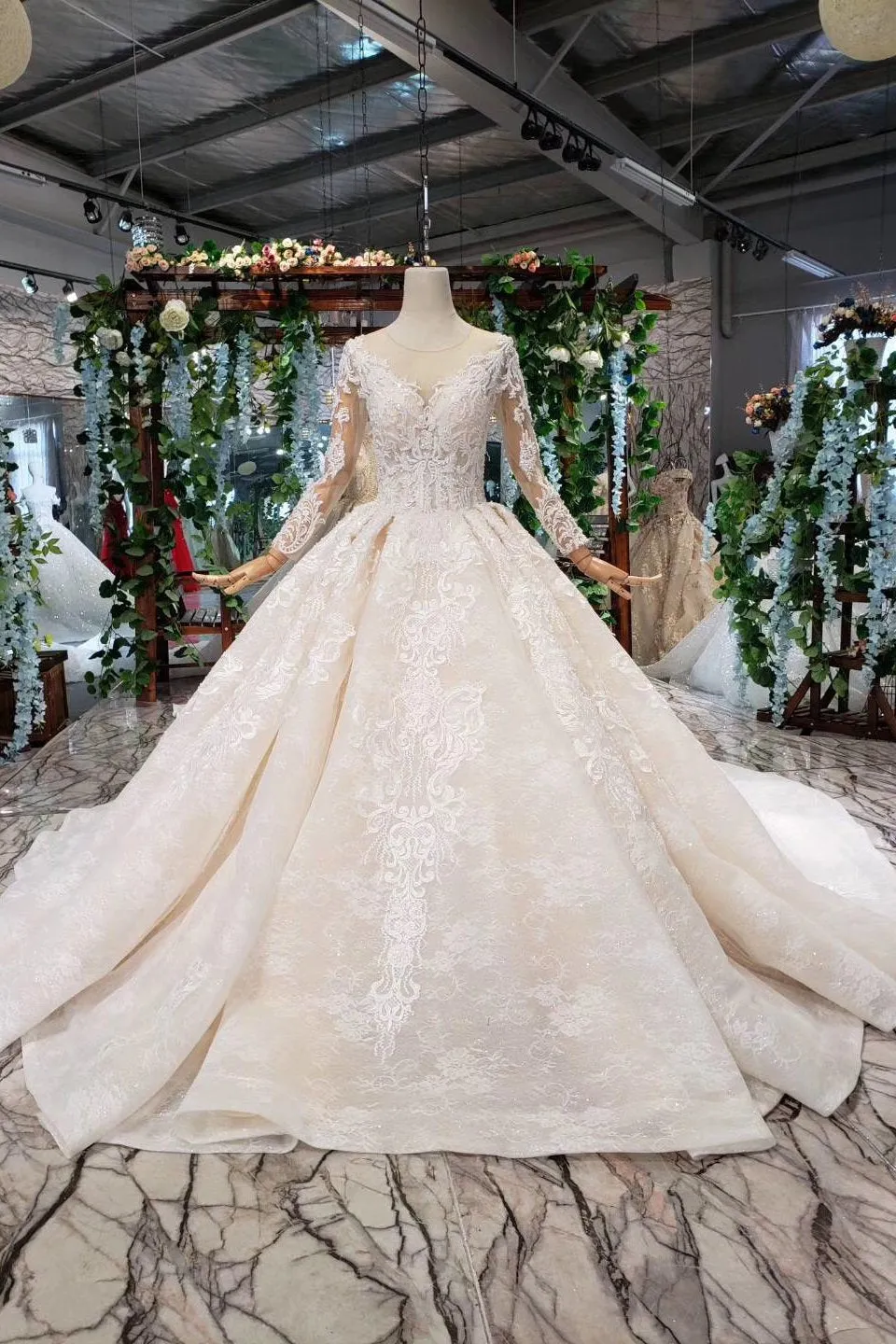 Princess Long Sleeves Sheer Neck Ball Gown Lace Wedding Dresses, Long Bridal Dress UQ1931