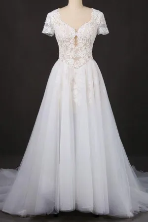 Puffy Short Sleeves Tulle Bridal Dress with Lace Appliques, Long Train Wedding Dress UQ2294