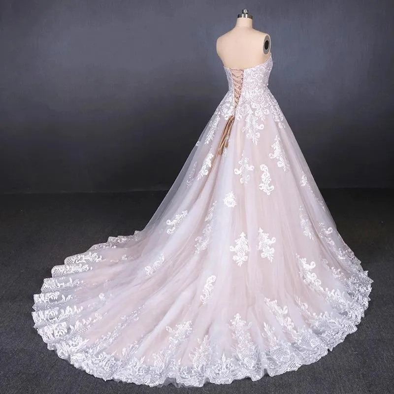 Puffy Strapless Tulle Wedding Dress with Lace Appliques, Long Train Lace Up Bridal Dress UQ2300