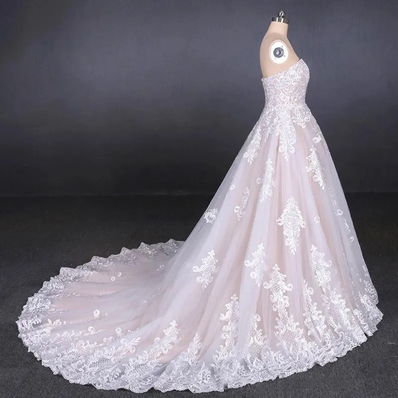 Puffy Strapless Tulle Wedding Dress with Lace Appliques, Long Train Lace Up Bridal Dress UQ2300