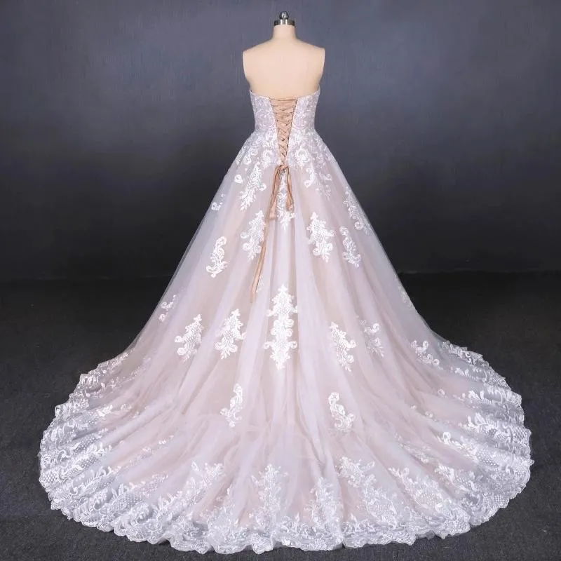 Puffy Strapless Tulle Wedding Dress with Lace Appliques, Long Train Lace Up Bridal Dress UQ2300