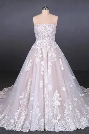 Puffy Strapless Tulle Wedding Dress with Lace Appliques, Long Train Lace Up Bridal Dress UQ2300