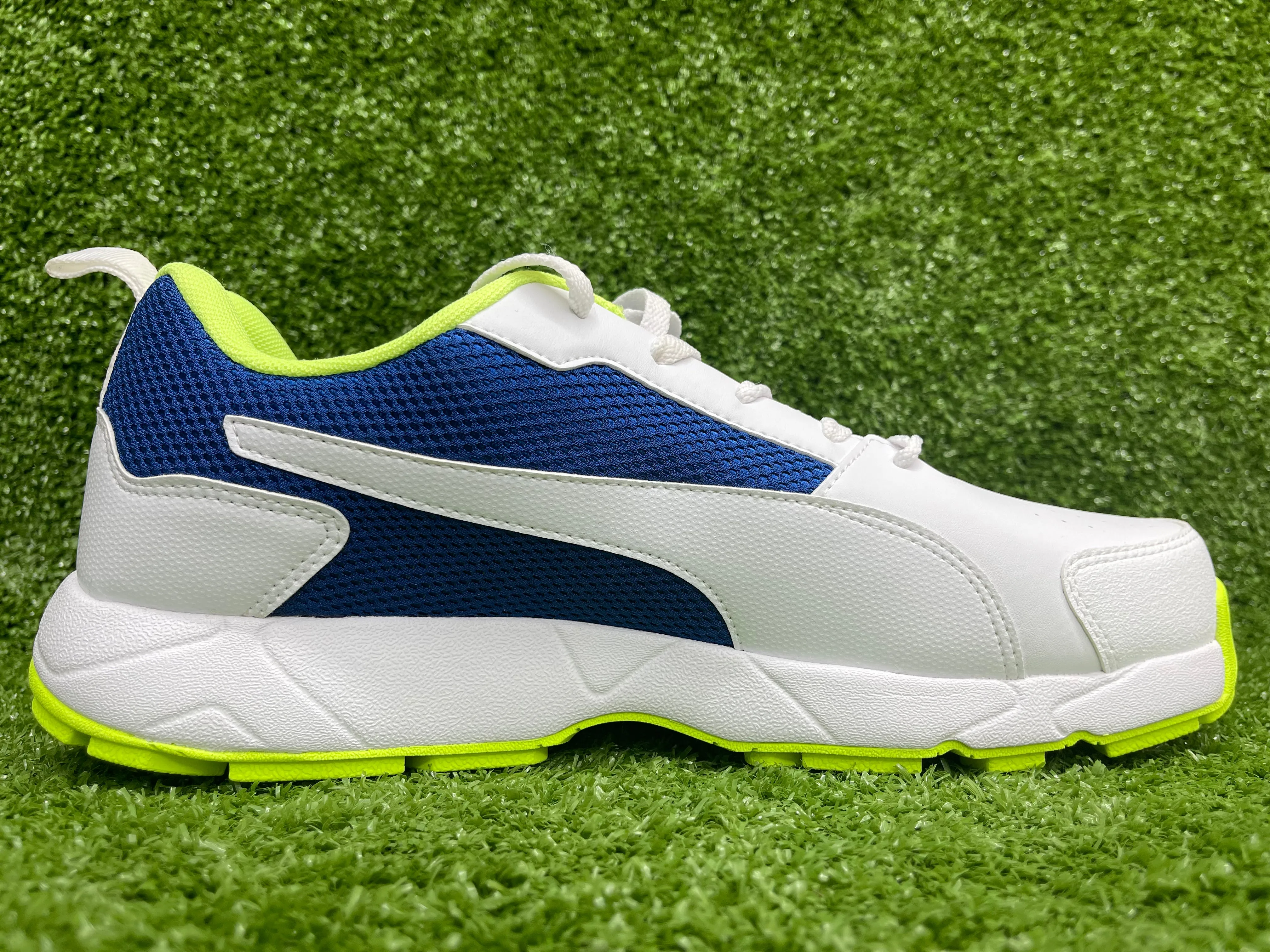 Puma White Blazing Blue Fast Yellow Cricket Shoes