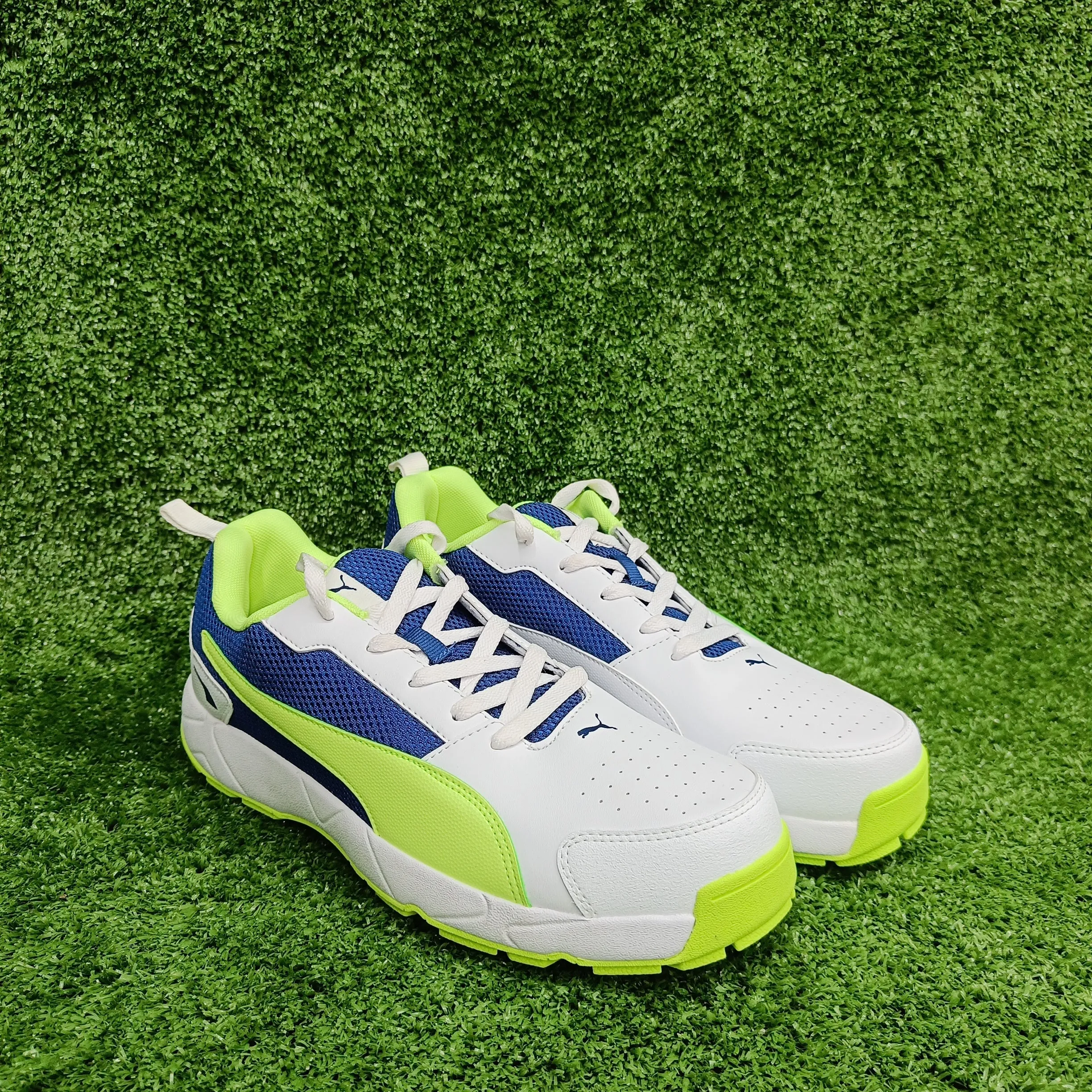 Puma White Blazing Blue Fast Yellow Cricket Shoes