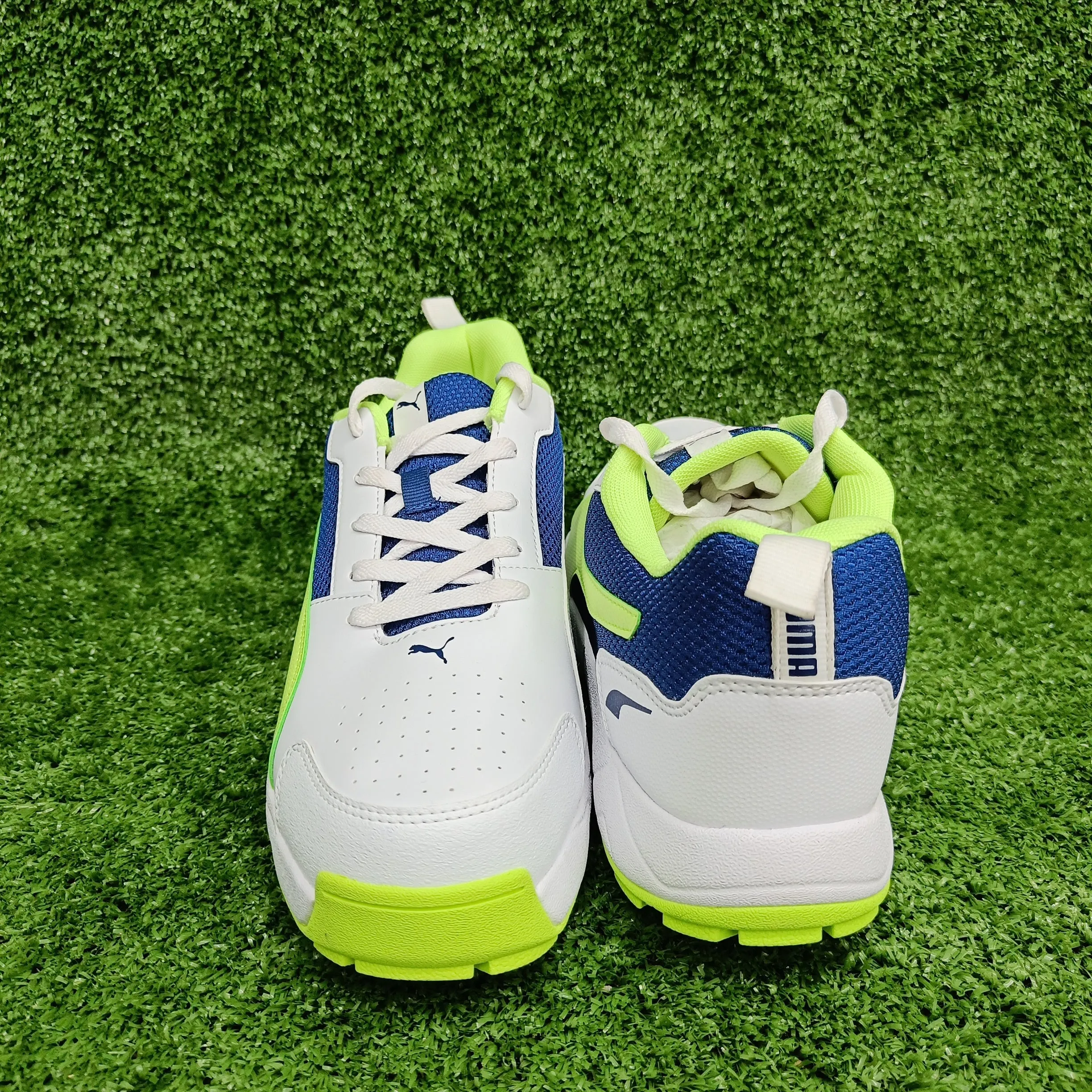 Puma White Blazing Blue Fast Yellow Cricket Shoes