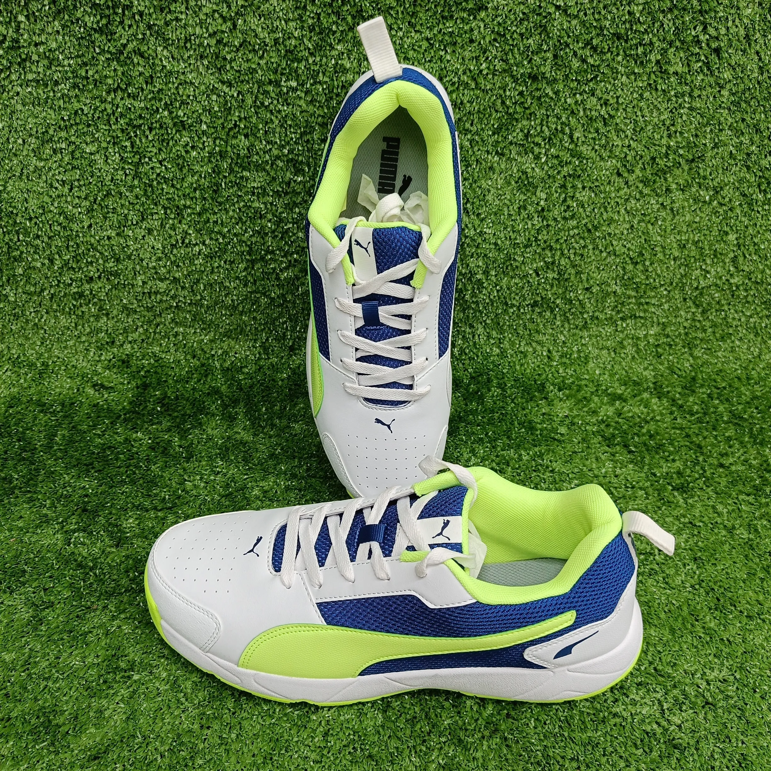 Puma White Blazing Blue Fast Yellow Cricket Shoes