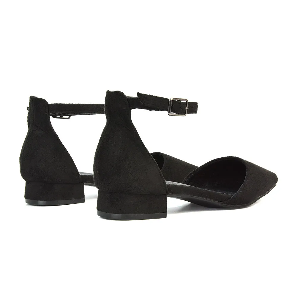 Robyn Pointed Toe Low Heel Strappy Court Shoes in Black Faux Suede