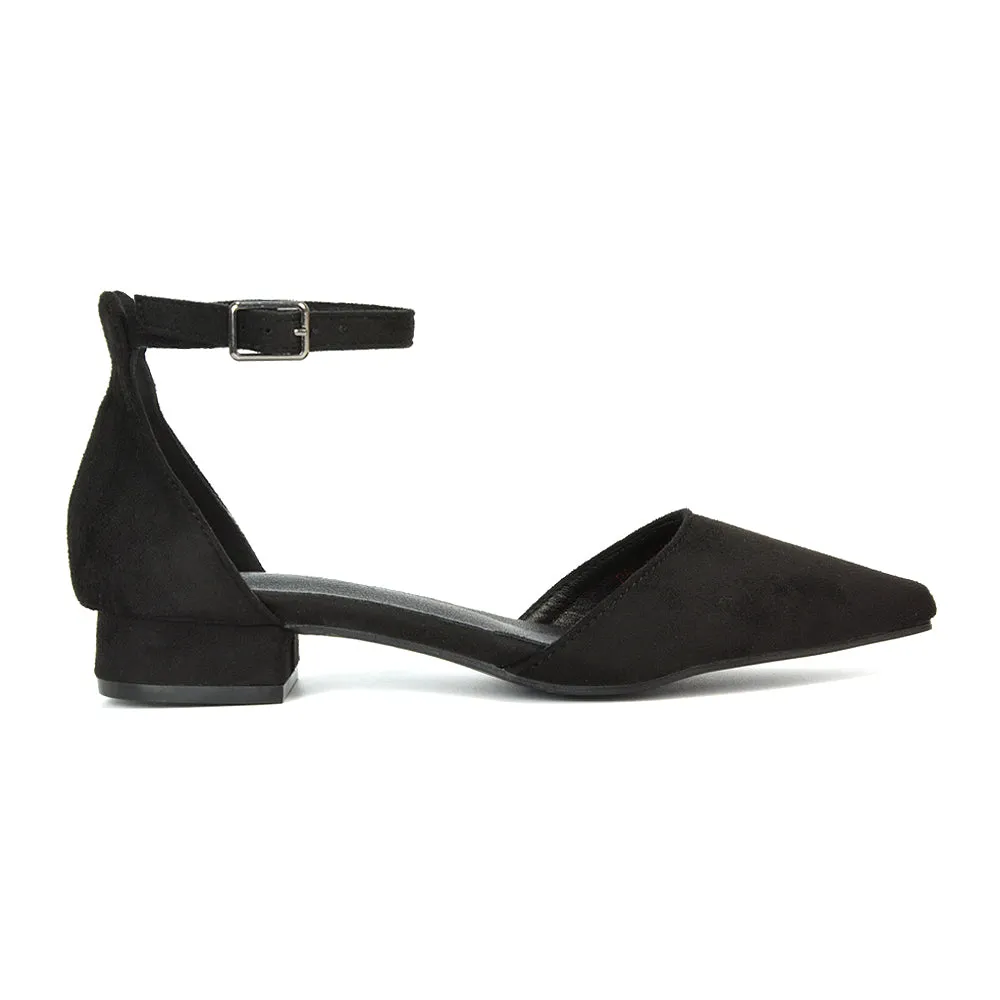 Robyn Pointed Toe Low Heel Strappy Court Shoes in Black Faux Suede