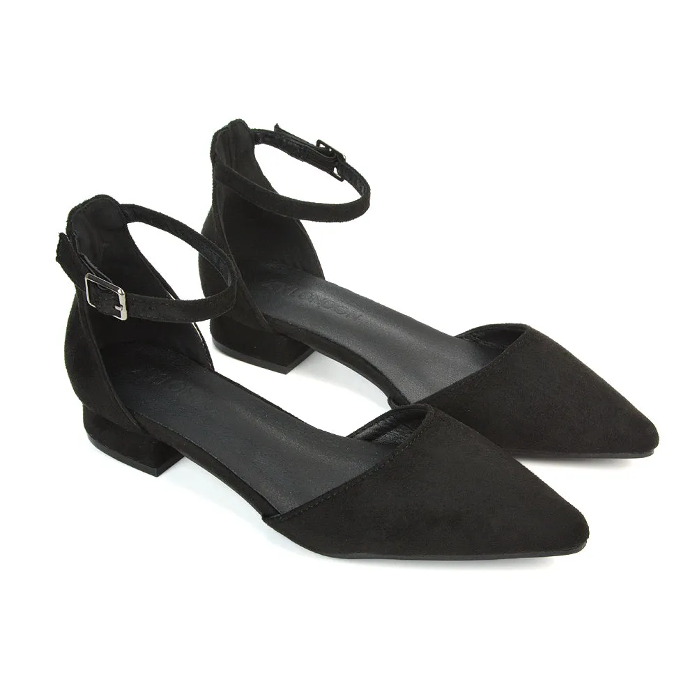 Robyn Pointed Toe Low Heel Strappy Court Shoes in Black Faux Suede