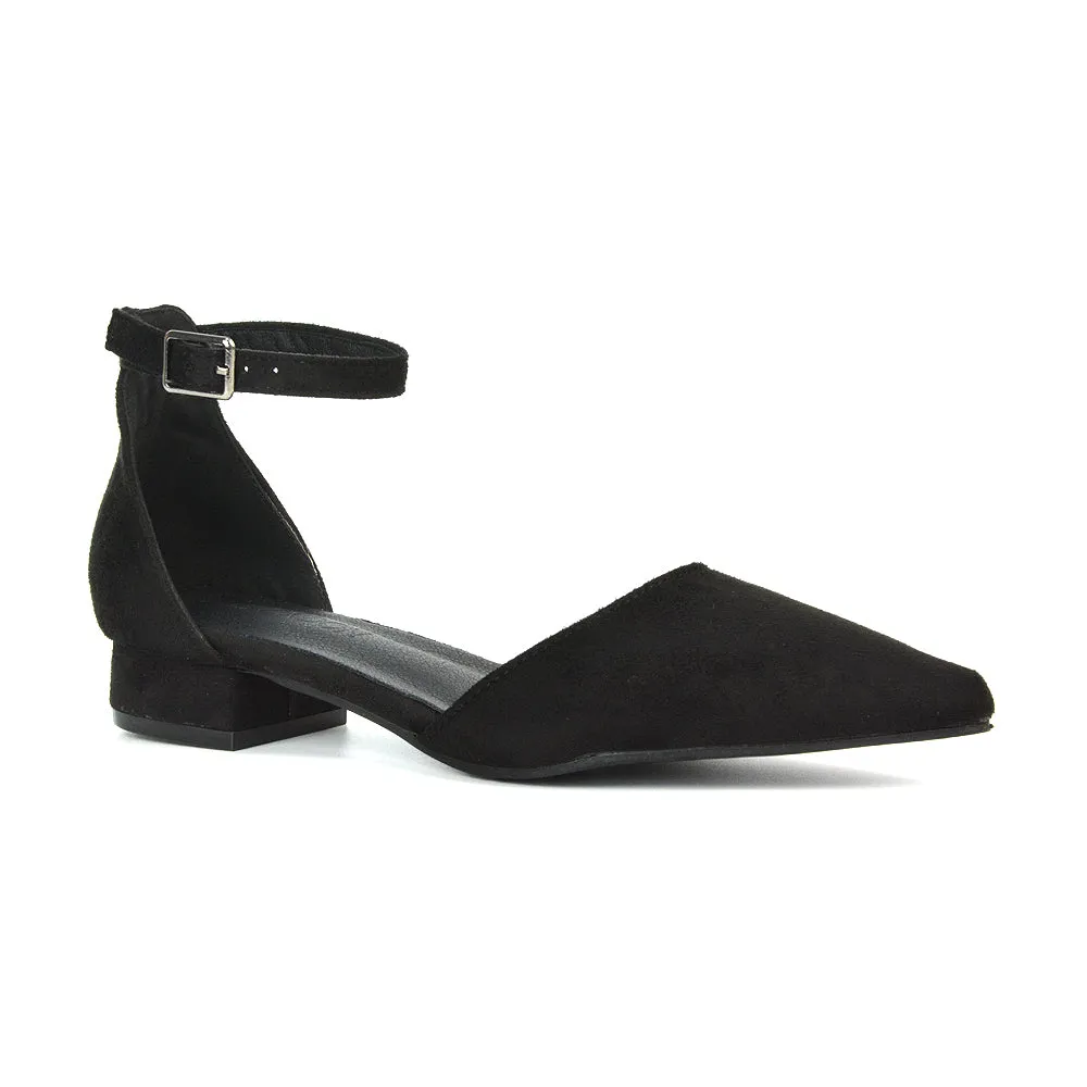 Robyn Pointed Toe Low Heel Strappy Court Shoes in Black Faux Suede