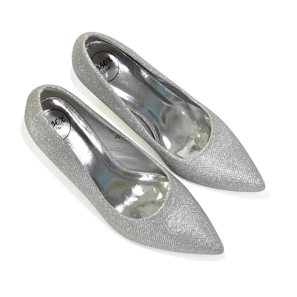 Romi Bridal Shoes Pointed Toe Wedding Glitter Court Shoes Mid Stiletto Heels in Silver