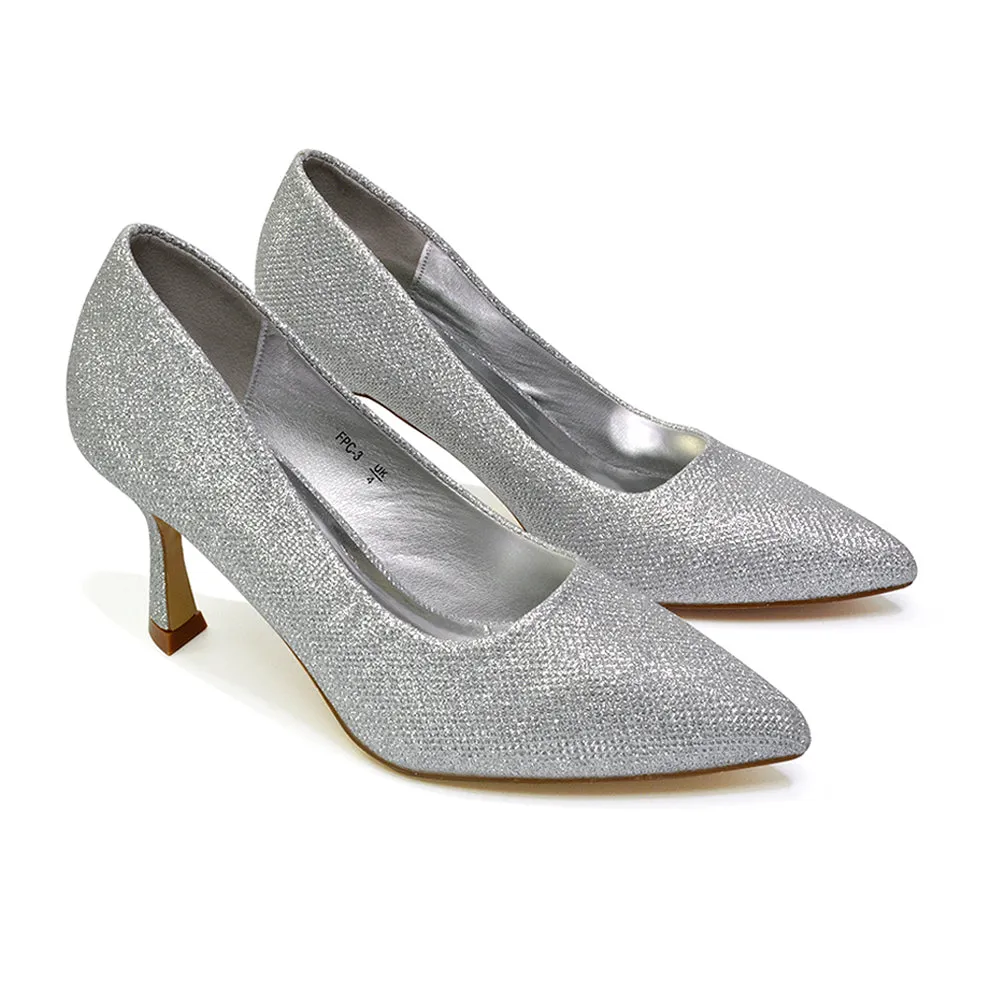 Romi Bridal Shoes Pointed Toe Wedding Glitter Court Shoes Mid Stiletto Heels in Silver