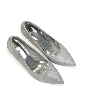 Romi Bridal Shoes Pointed Toe Wedding Glitter Court Shoes Mid Stiletto Heels in Silver