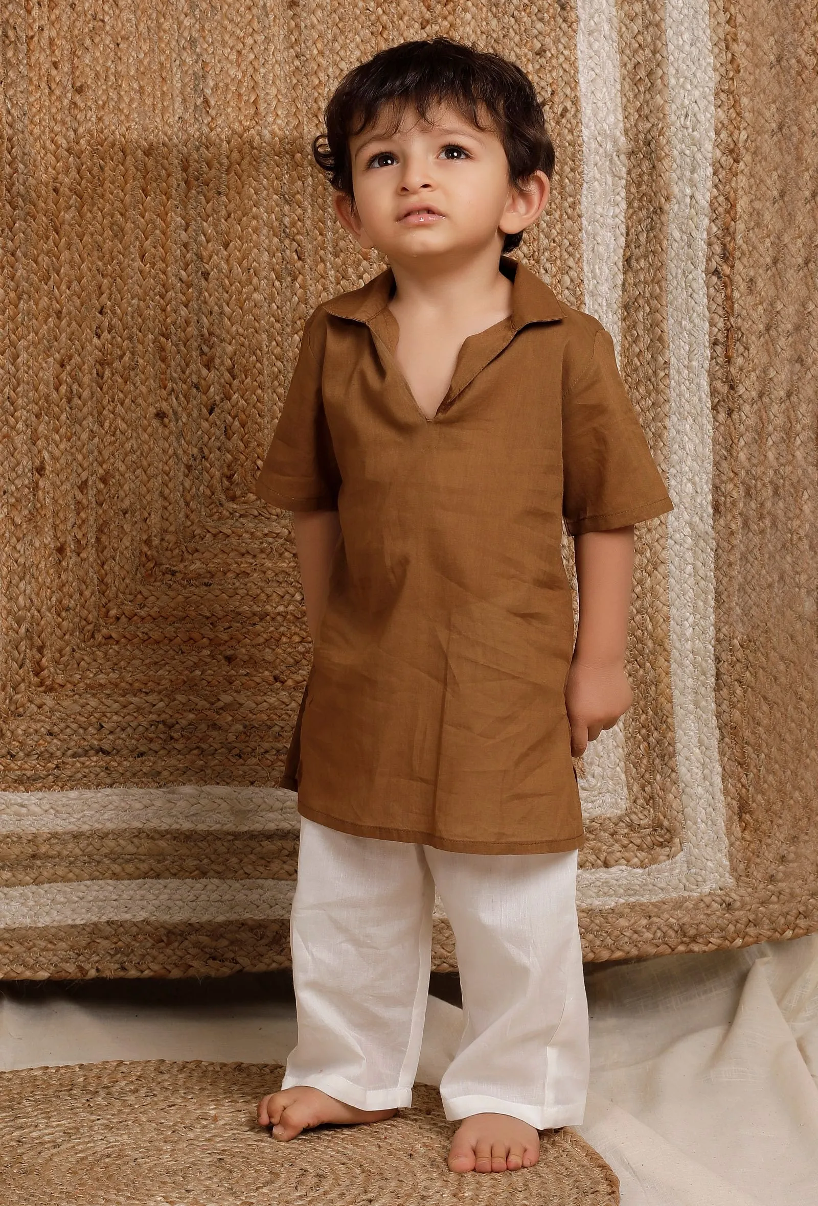 Set Of 2: Brown Mul Mul Kurta With Off-white  Pant