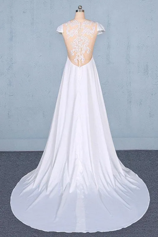 Simple A Line Cap Sleeves Wedding Dress with Lace, Long Bridal Dress with Lace UQ2351