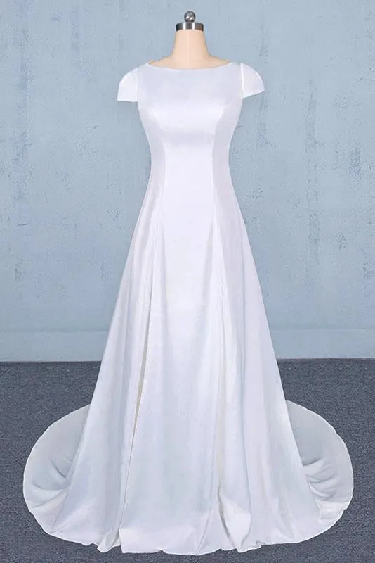 Simple A Line Cap Sleeves Wedding Dress with Lace, Long Bridal Dress with Lace UQ2351