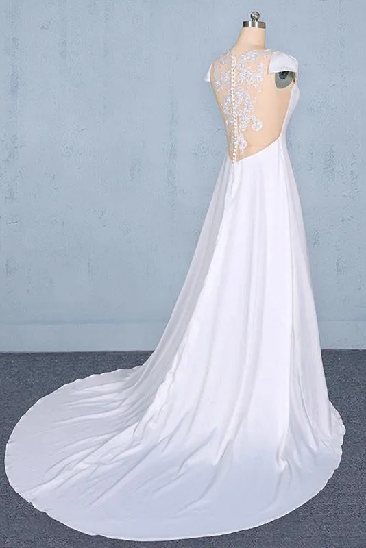 Simple A Line Cap Sleeves Wedding Dress with Lace, Long Bridal Dress with Lace UQ2351