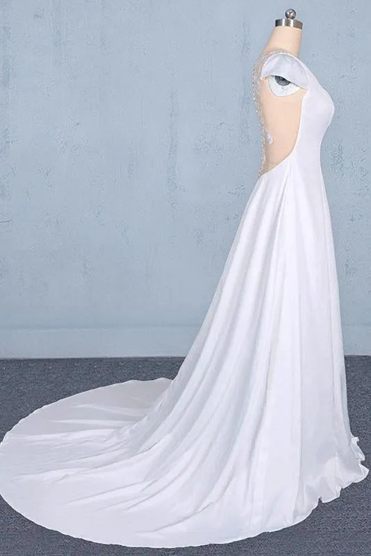 Simple A Line Cap Sleeves Wedding Dress with Lace, Long Bridal Dress with Lace UQ2351