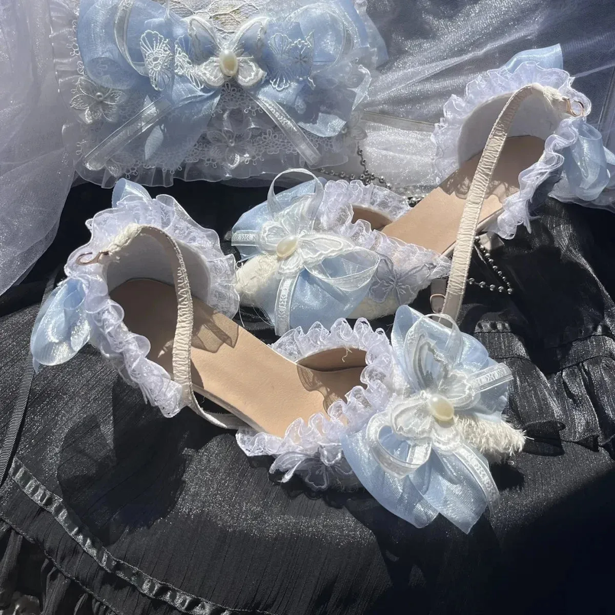 Sohiwoo Sweet Lolita Retro Court Style Cosplay Cute Loli Flower Wedding Girl Pearl Ribbon Butterfly Lace 8cm Pink Blue High Heeled Shoes