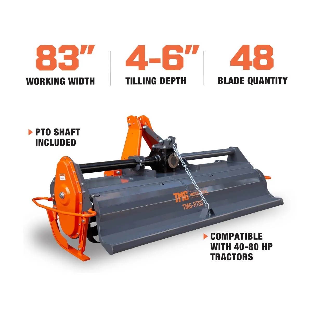 TMG Industrial 83” 3-Point Hitch Commercial Grade Rotary Tiller, 45-80 HP Tractor, 6” Tilling Depth, PTO Shaft Included, Category 1 & 2 Hookup, TMG-RT83