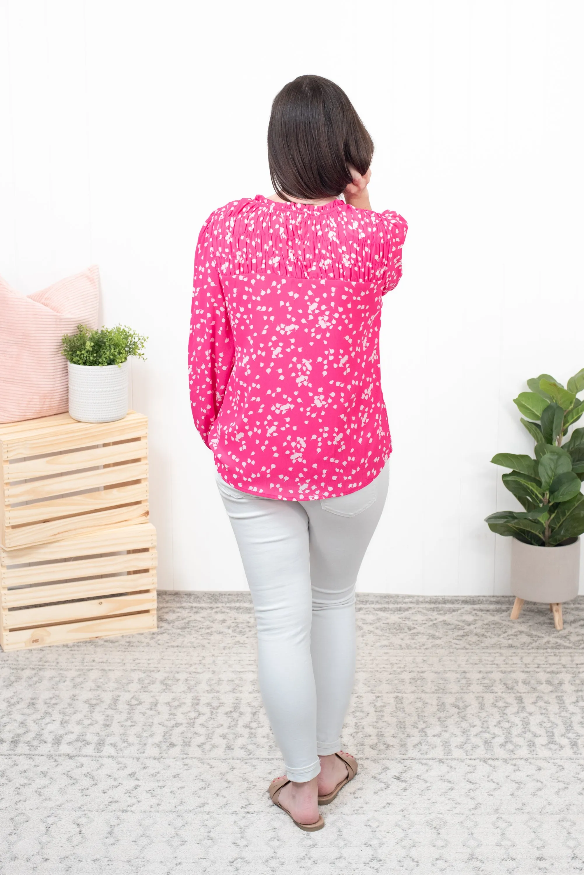 Together At Last - Pink Split Neck Printed Crinkled Blouse