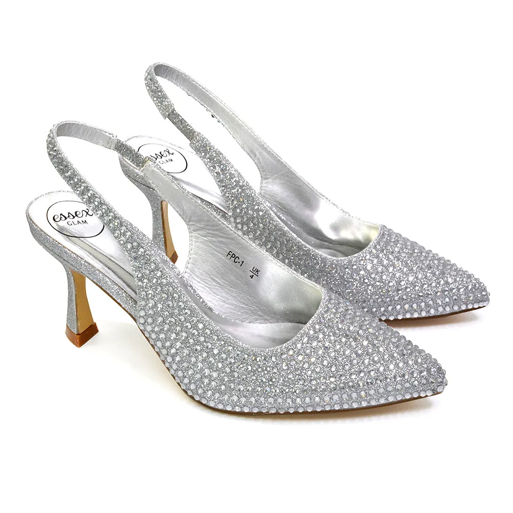 Vaia Pointed Toe Sling Back Diamante Bridal Heels Court Shoes in Black