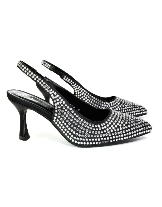 Vaia Pointed Toe Sling Back Diamante Bridal Heels Court Shoes in Black