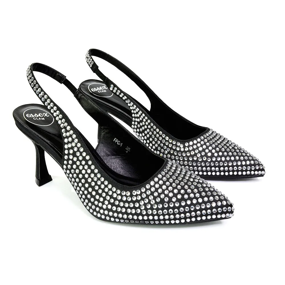 Vaia Pointed Toe Sling Back Diamante Bridal Heels Court Shoes in Black