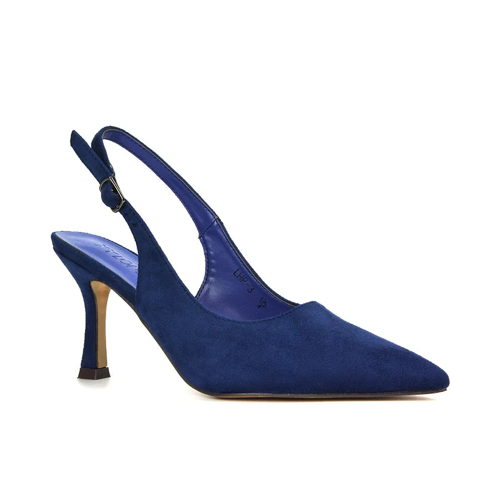 Valerie Stiletto High Heel Closed Toe Slingback Court Shoes in Navy Faux Suede